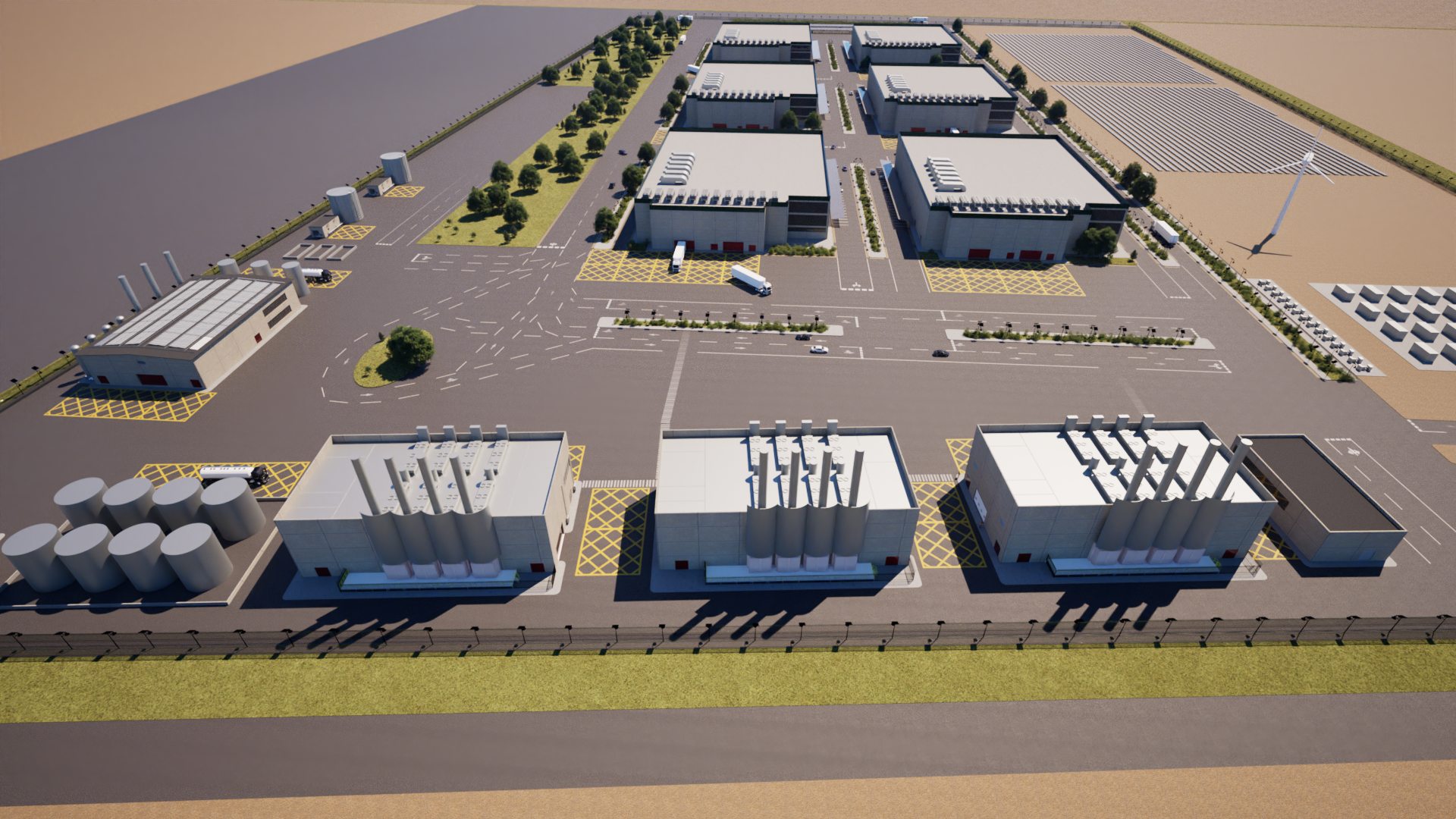 Energy centres with their exhaust stacks